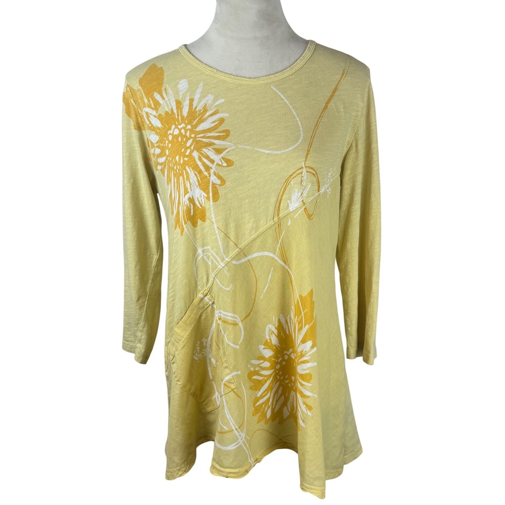Jess & Jane Yellow Floral Tunic Top Shirt Made in USA Size Medium‎